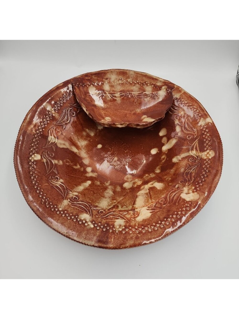 Handmade Pottery Brown Chip Dip Bowl Bird 13.5"